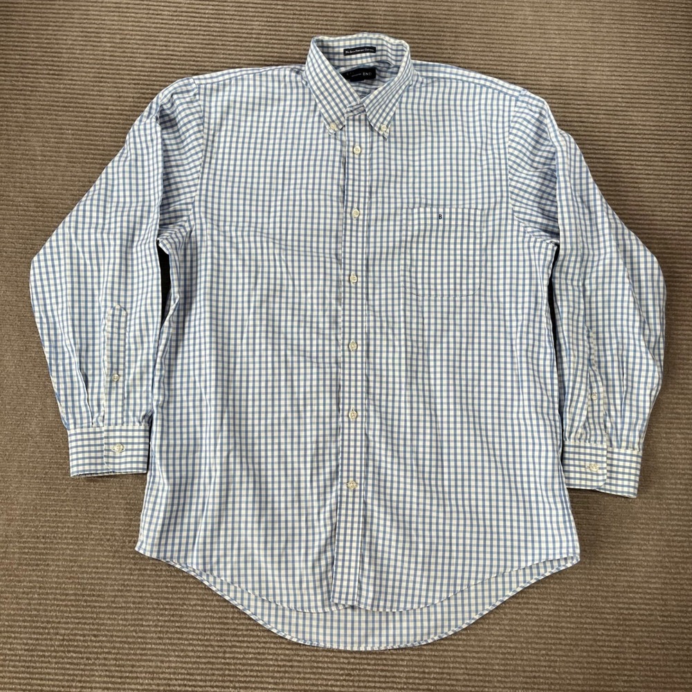 Lands End Mens Blue White Gingham No‎ Iron Pinpoint Oxford Shirt 16-33 L/S